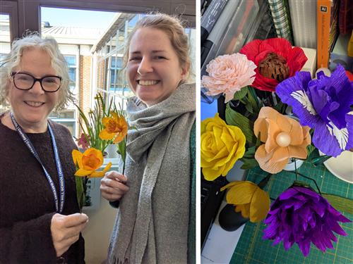 Making resources and gathering materials to learn crepe paper flower making for upcoming workshops.